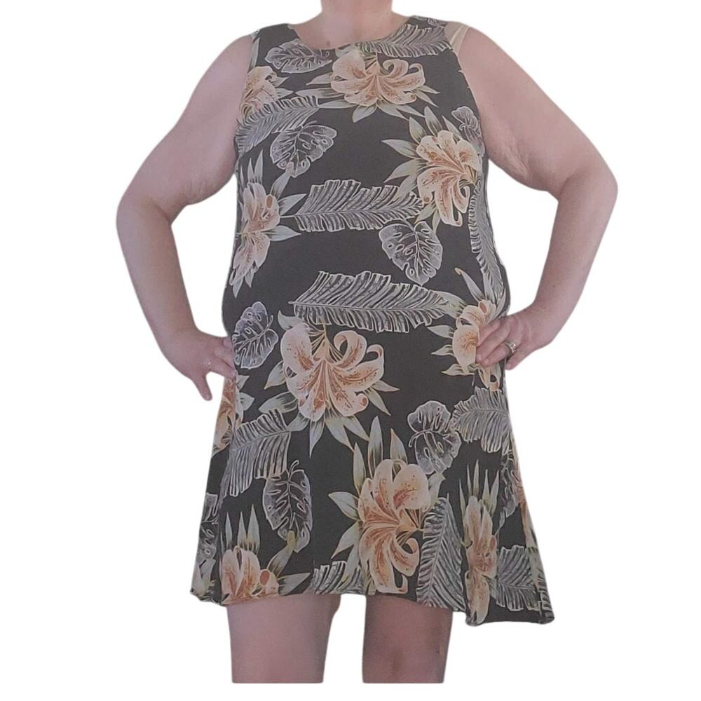 Hilo Hattie XL Silk Hawaiian Dress Peach Lily Floral Tropical Mini Beach Luau